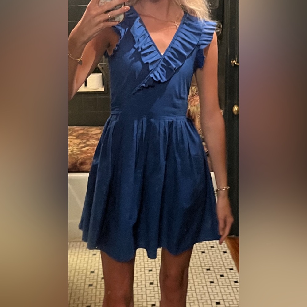 AQUA- Bloomingdale’s- blue mini wrap dress with ruffle collar